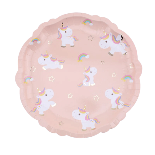 Assiette licorne en carton rose pastel