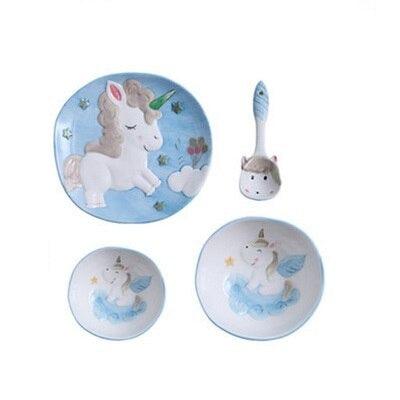 3 assiettes licorne en porcelaine bleu