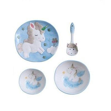 3 assiettes licorne en porcelaine bleu