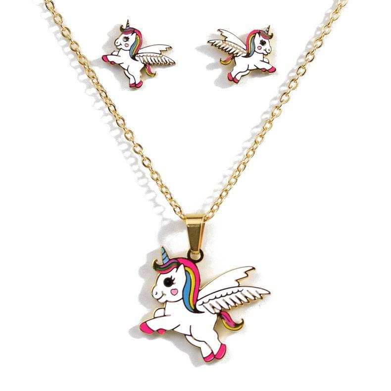 Boucles d'Oreilles et Collier Avec Pendentif Licorne Arc-en-ciel - Licorne