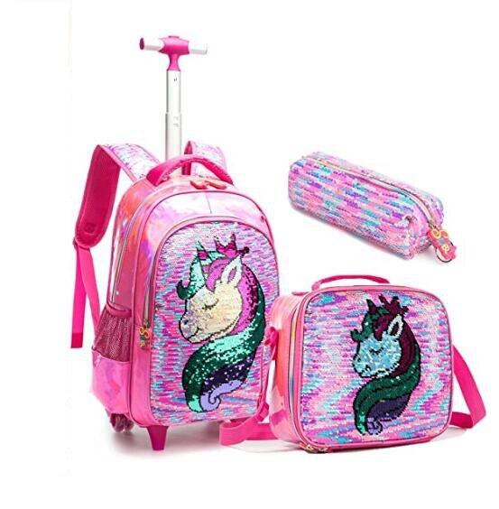 Cartable roulette licorne sequins rose