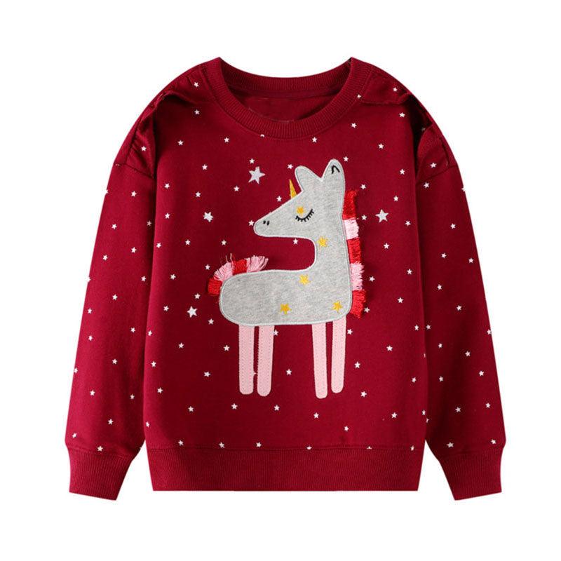 Ensemble licorne pull rouge étoiles & pantalon motifs floraux fille