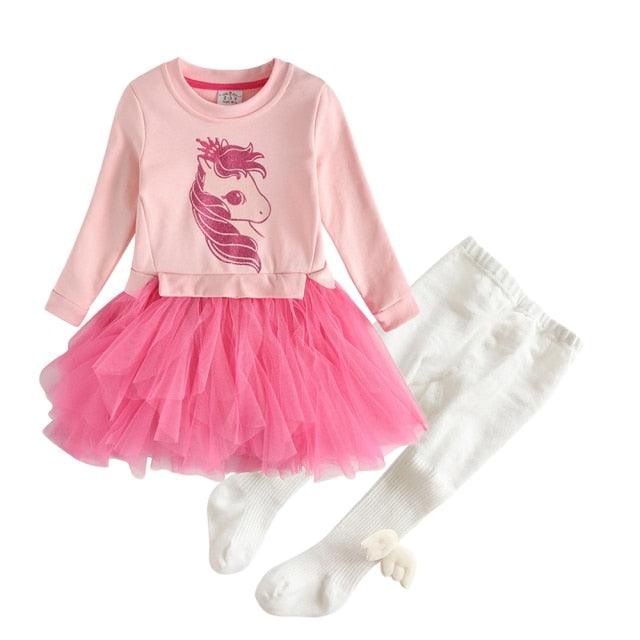 Ensemble licorne robe tutu rose & collant blanc fille