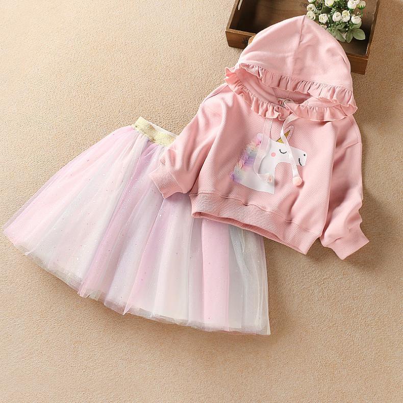 Ensemble licorne sweat à capuche rose et tutu multicolore pour fille