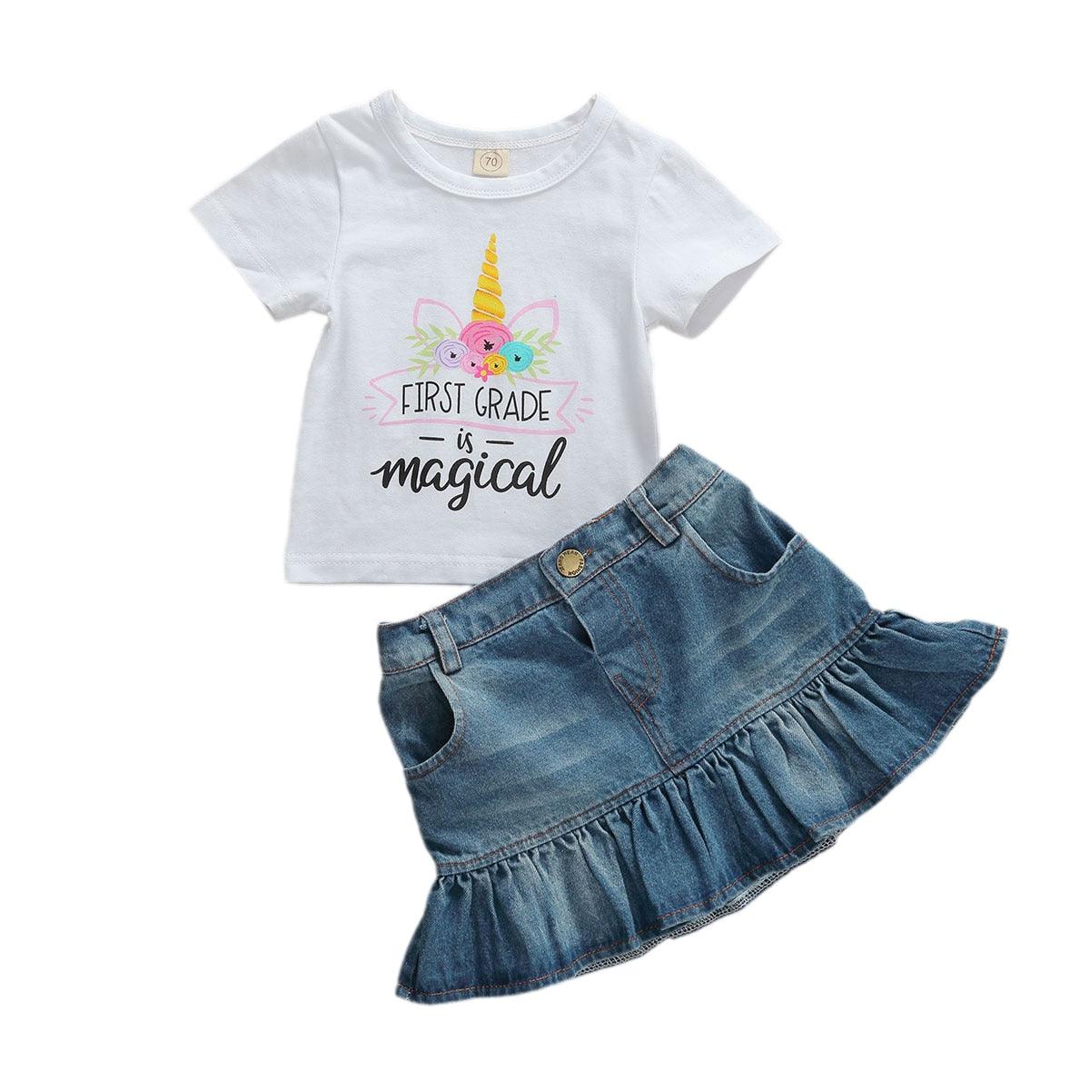 Ensemble licorne t-shirt & jupe denim fille