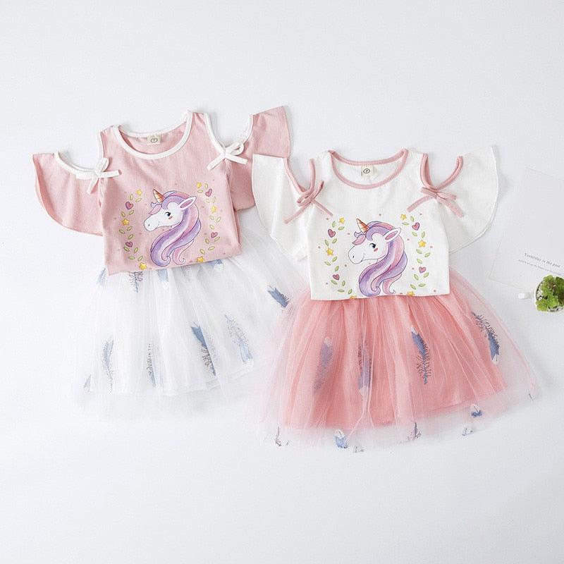 Ensemble licorne top épaules dénudées & noeud papillon avec une jupe tutu fille