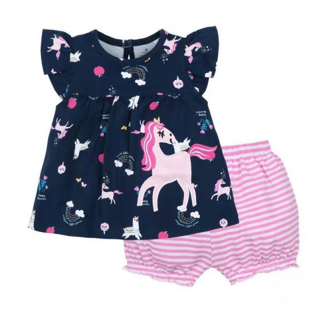 Ensemble licorne tunique bleue et bloomer rayé rose et blanc bébé fille 