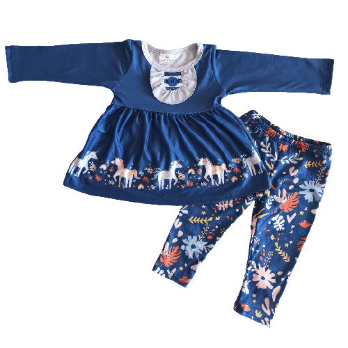Ensemble licorne tunique et pantalon bleu fille