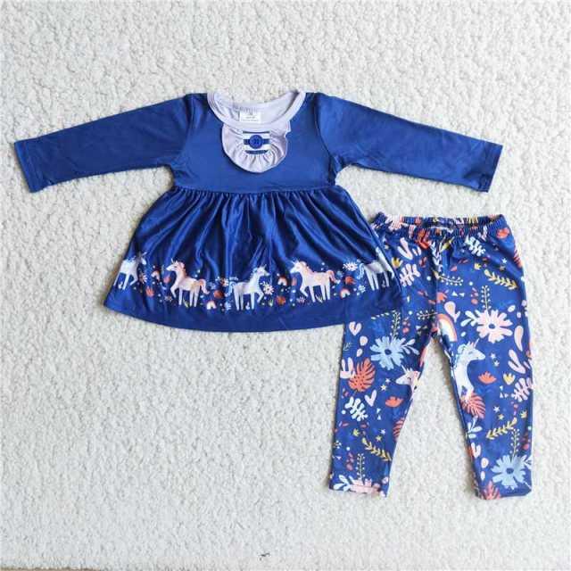 Ensemble licorne tunique et pantalon bleu fille - Licorne
