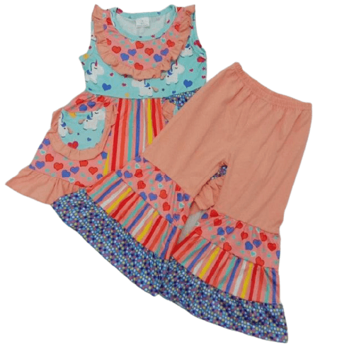 Ensemble licorne tunique et pantalon coeurs fille