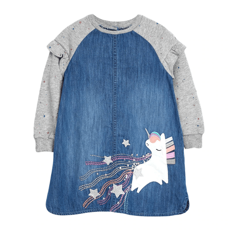Robe Licorne Denim Manches Longues En Molleton Fille - Licorne