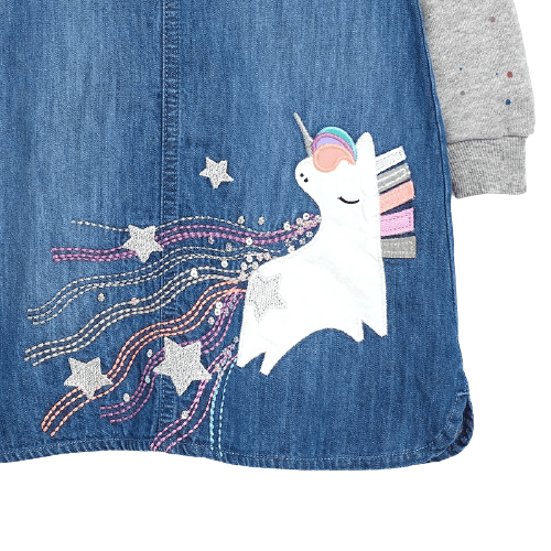 Robe Licorne Denim Manches Longues En Molleton Fille - Licorne