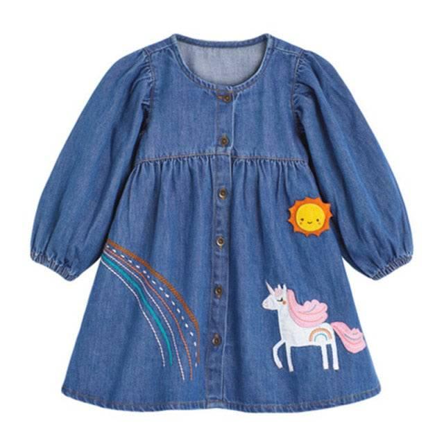 Robe Licorne En Jean Manches Trois Quart Fille - Licorne