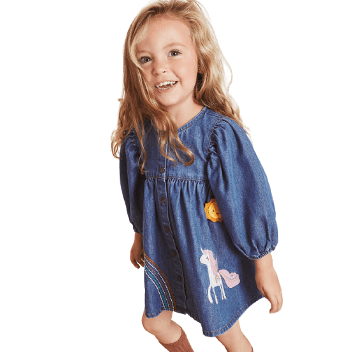 Robe Licorne En Jean Manches Trois Quart Fille - Licorne