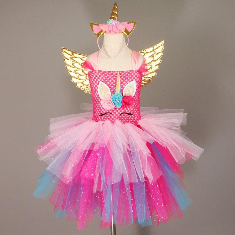 Robe licorne papillon rose avec ailes et serre-tête dorés